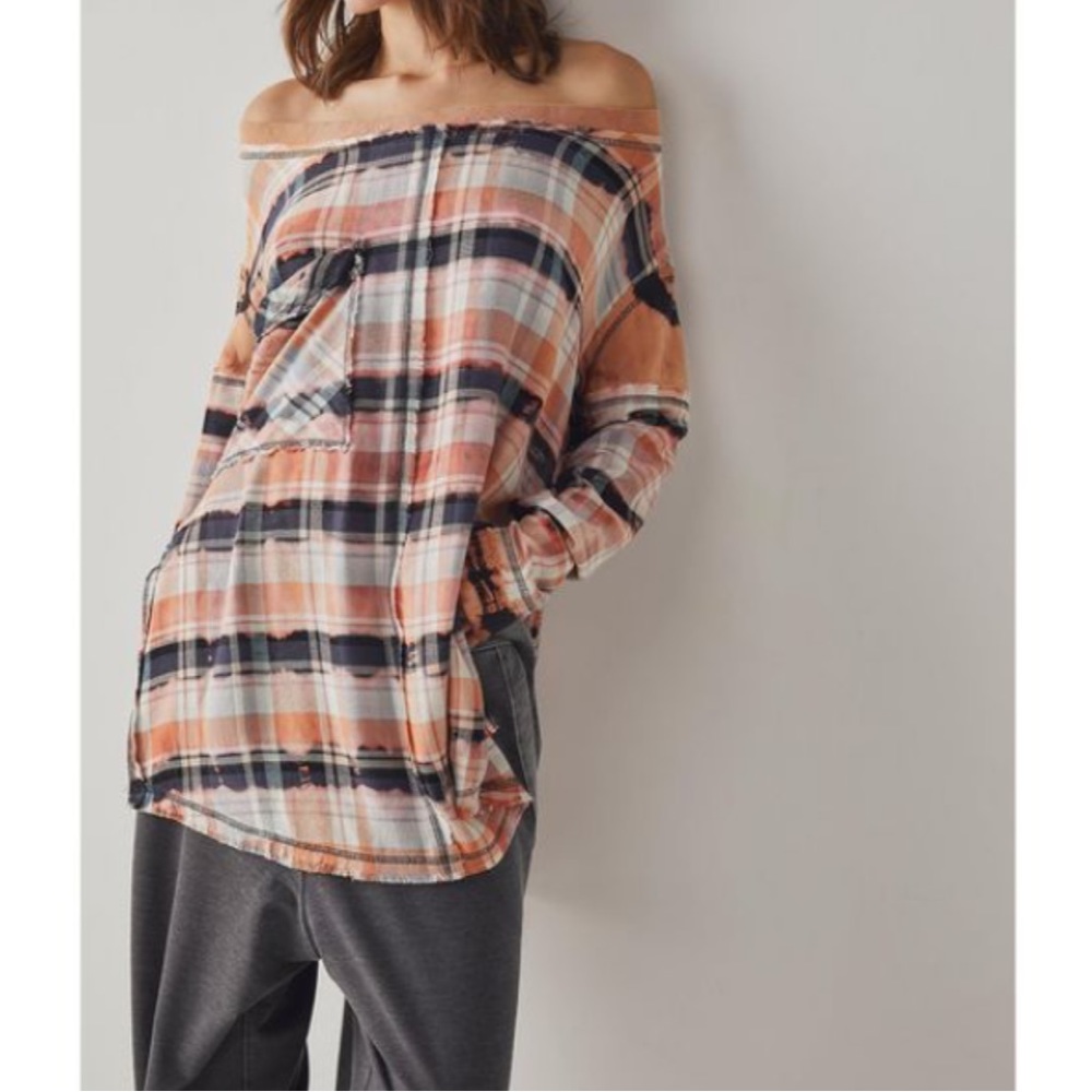 Free People Intimately Fresh In Flannel Plaid Off the shoulder Pullover